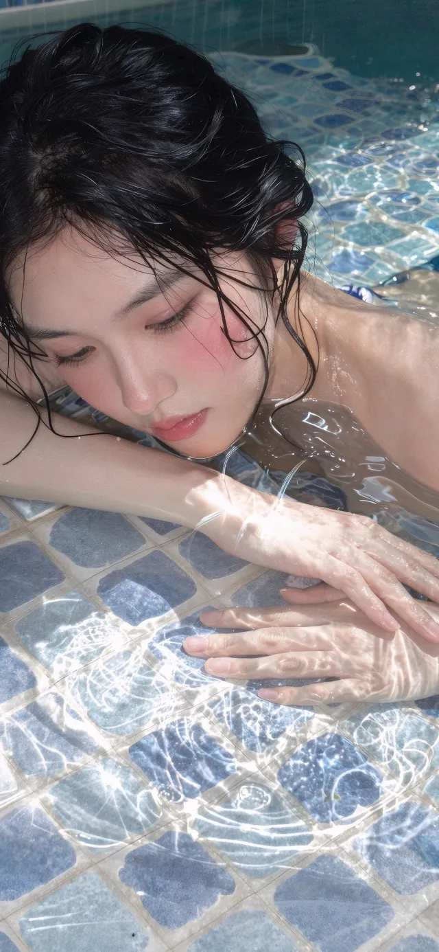 泳池湿发趴沿沉思清纯美女手机壁纸