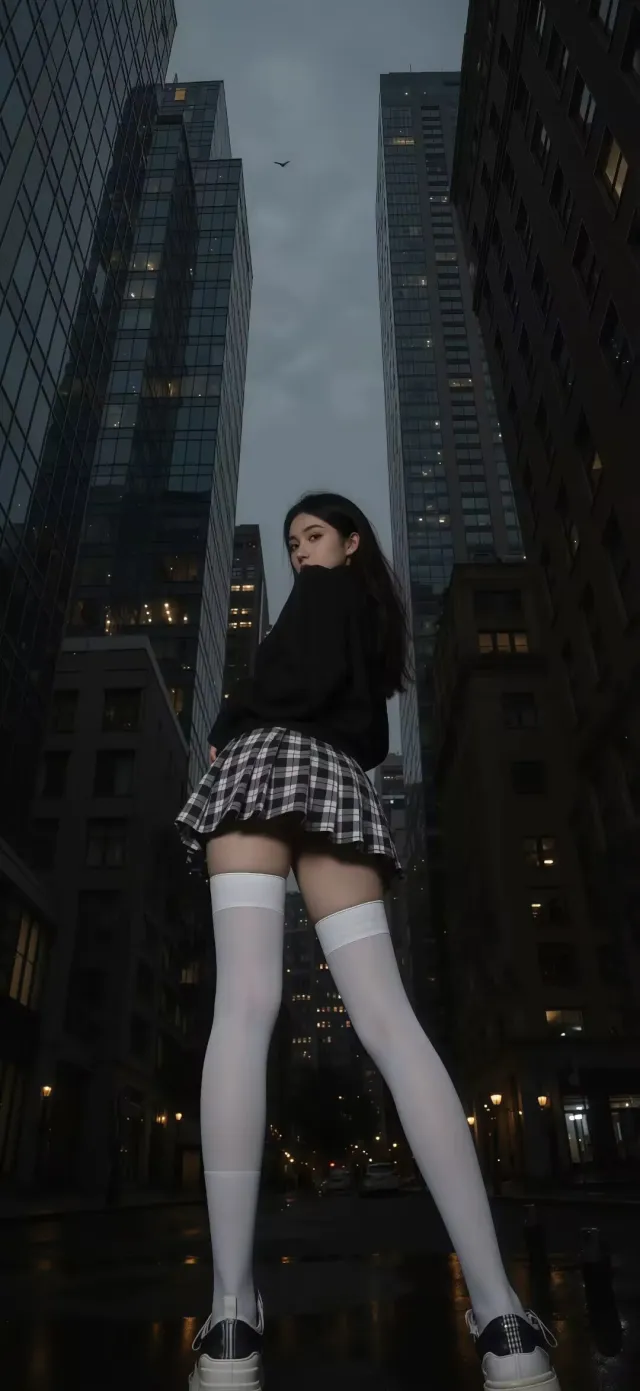 都市夜景黑衣少女格纹短裙白袜回眸手机壁纸