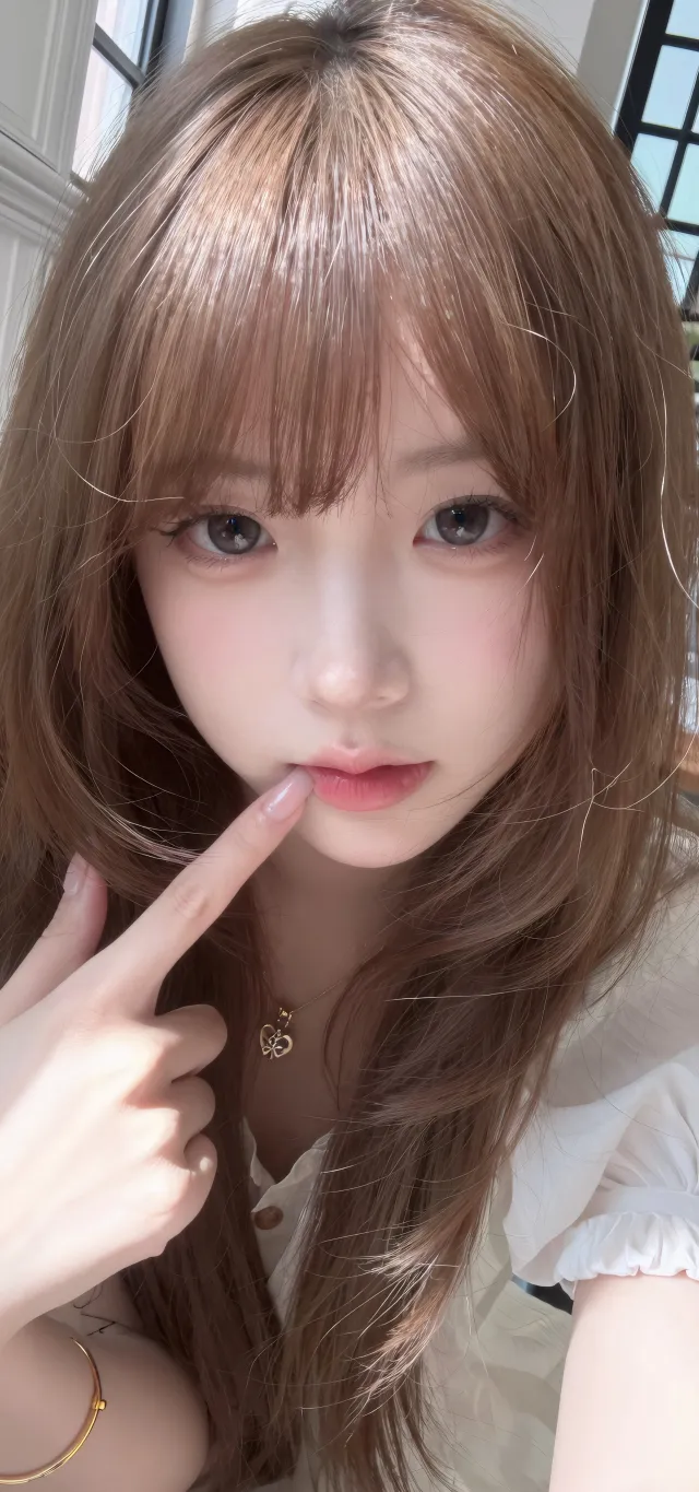 棕发齐刘海美女窗边手指轻触唇部人像摄影手机壁纸