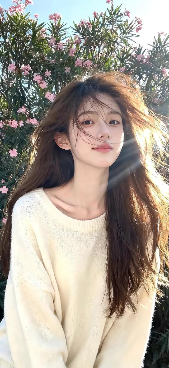 阳光穿透花丛美女长发飘逸温柔侧颜人像摄影手机壁纸