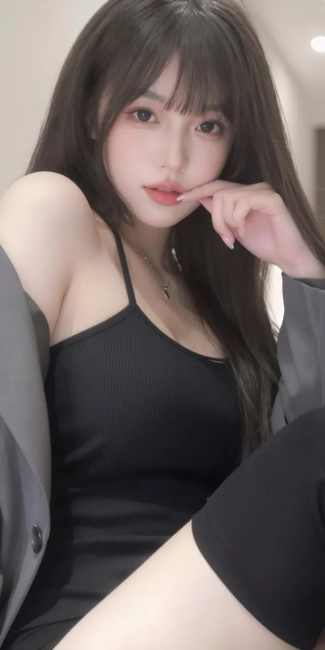 黑吊带灰西装落肩气质美女手机壁纸