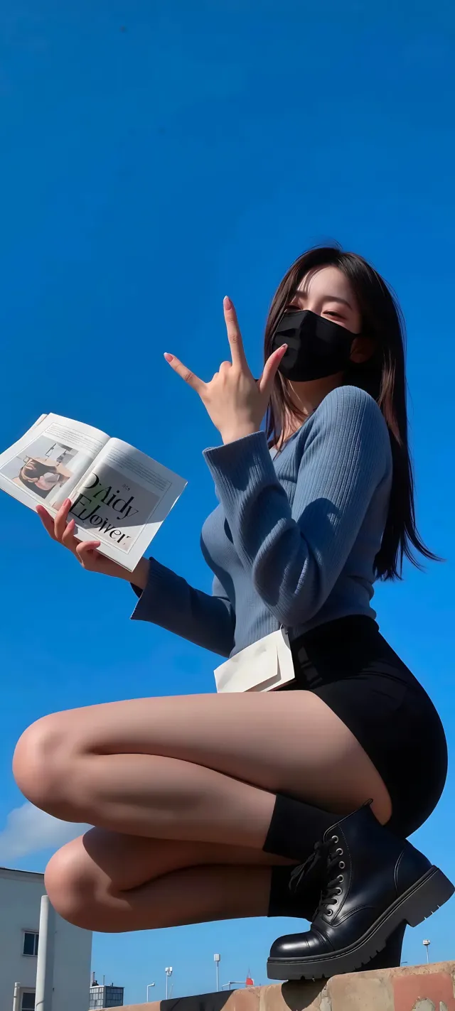 蓝衣黑口罩少女蹲姿比手势持书手机壁纸