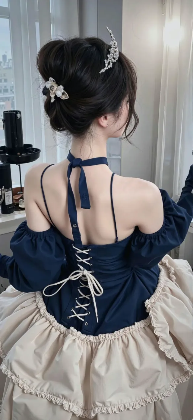 洛丽塔风格深蓝露背束腰裙装少女背影手机壁纸