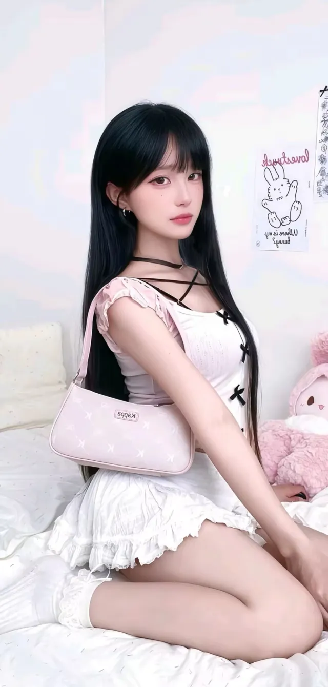 粉白拼接上衣女性荷叶边短裙可爱甜美风人物手机壁纸