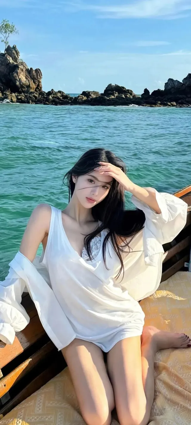 海边白裙少女清新手机壁纸