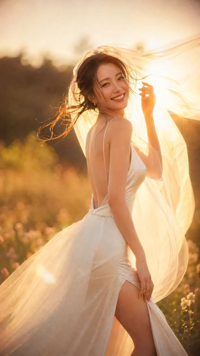 白色婚纱美女户外逆光微笑浪漫风格美女手机壁纸