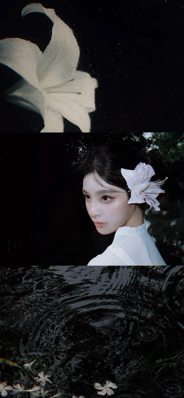 百合花与侧脸少女暗夜氛围人像摄影手机壁纸