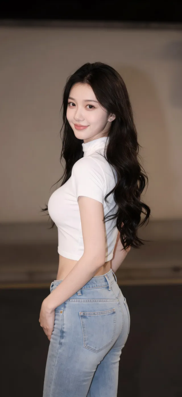 白色露脐装牛仔裤回眸甜酷美女手机壁纸