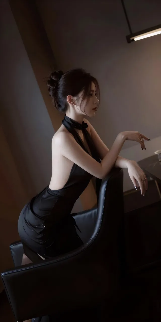 美女穿黑色吊带裙坐于椅子上优雅侧身摄影手机壁纸