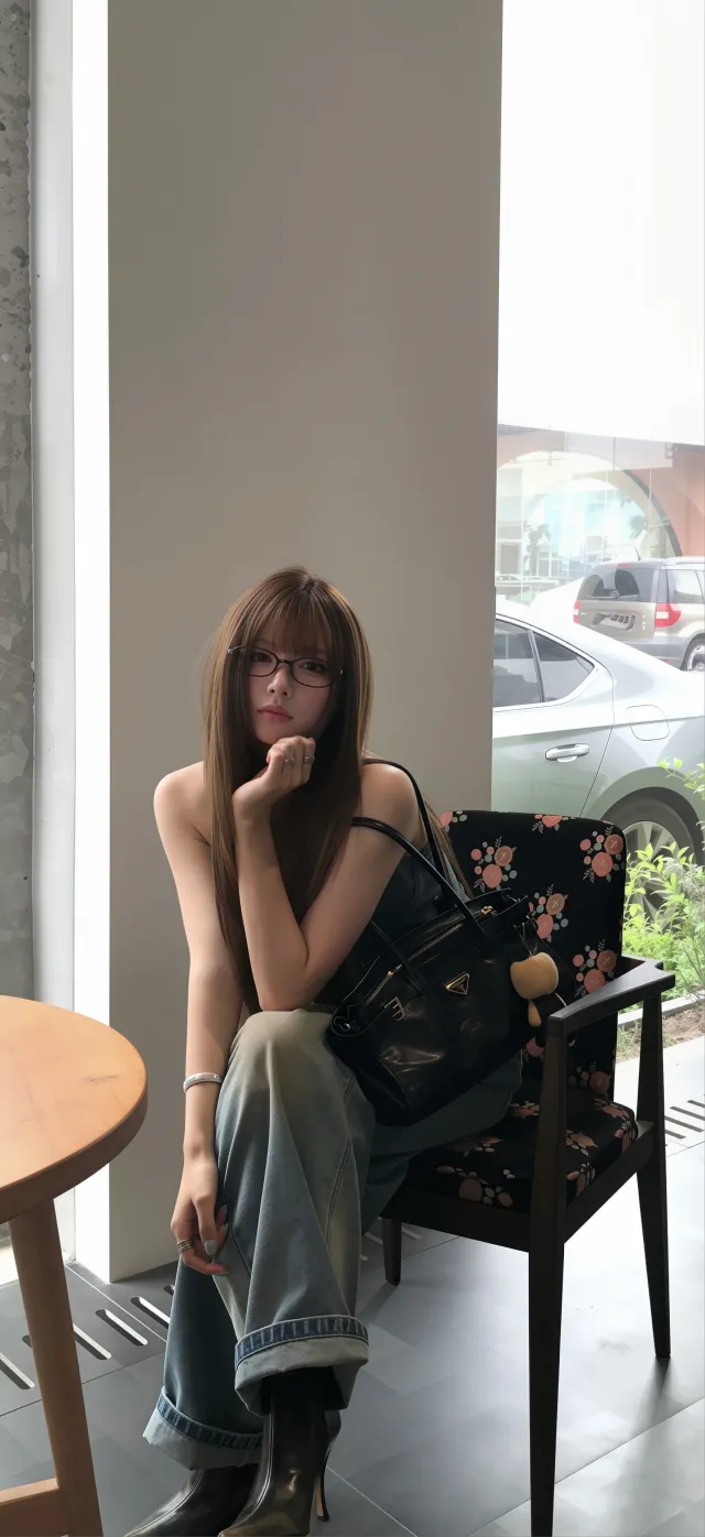 咖啡馆卷发眼镜美女宽松牛仔手机壁纸