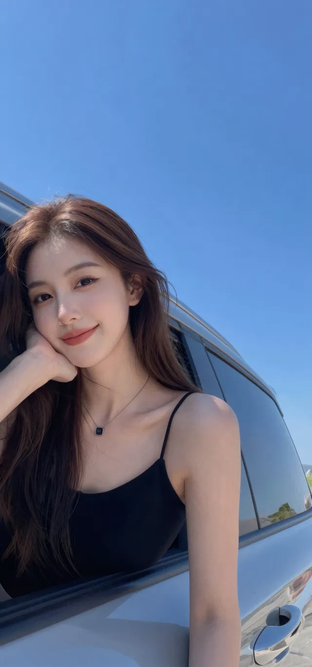 黑吊带上衣倚车窗蓝天夏日清新美女手机壁纸