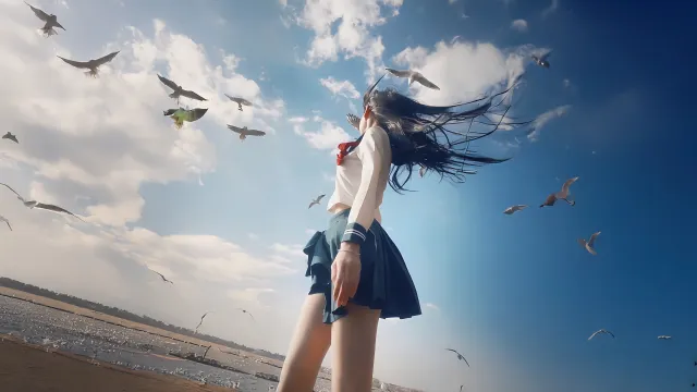 沙滩 海边 校服动漫少女 壁纸