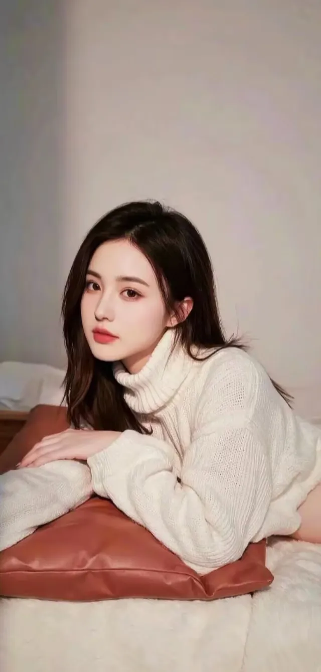 白色高领毛衣美女床上写真手机壁纸