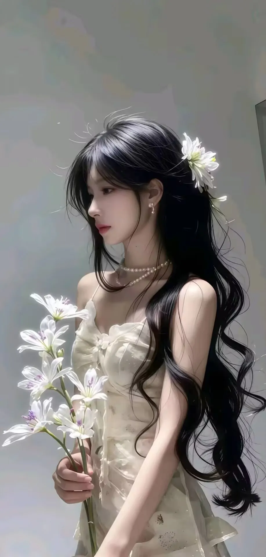 白色吊带裙美女持花侧身人物电脑壁纸
