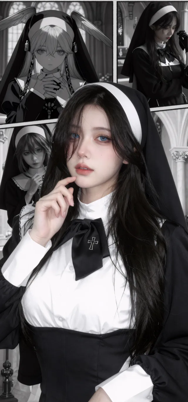 哥特修女蓝眸暗黑氛围拼图动漫美女手机壁纸