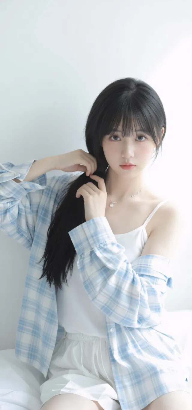 蓝白格衬衫挽发清纯人像美女手机壁纸