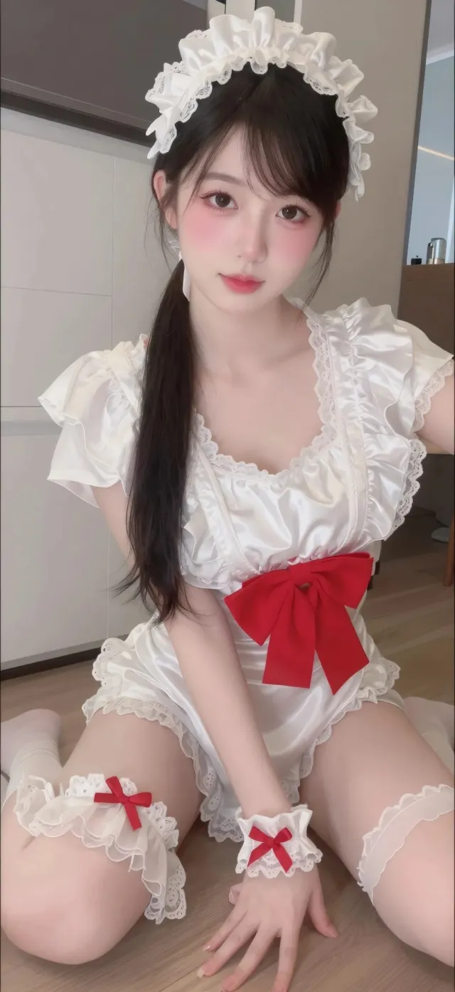 少女身着白色蕾丝女仆装红蝴蝶结可爱坐姿人物摄影手机壁纸
