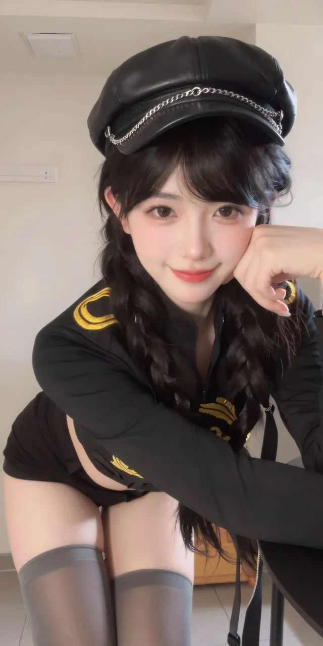 黑帽金章美女托腮微笑甜美制服人像摄影手机壁纸