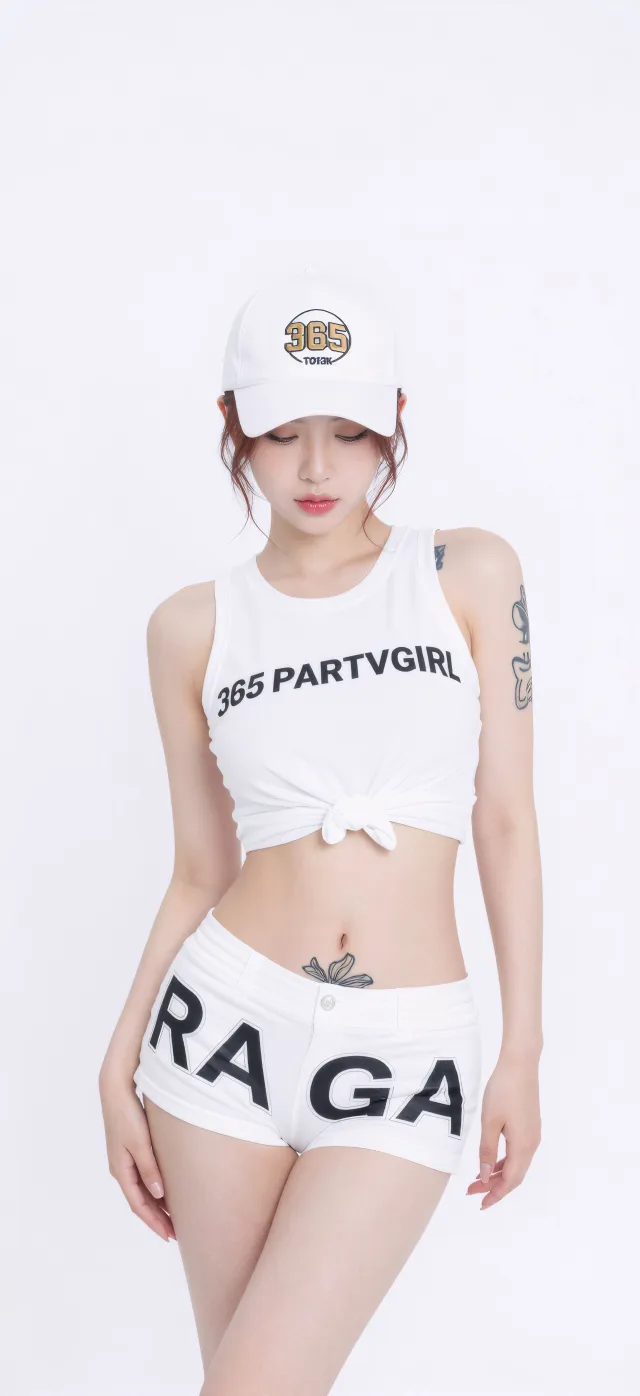 白帽背心短裤美女纹身细节时尚人像摄影手机壁纸