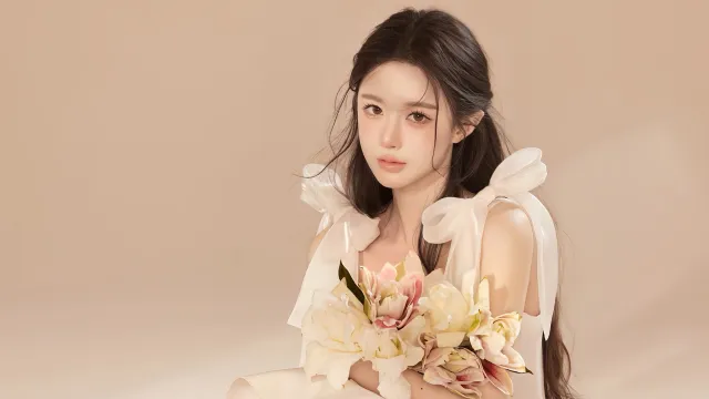 抱着鲜花的美女壁纸