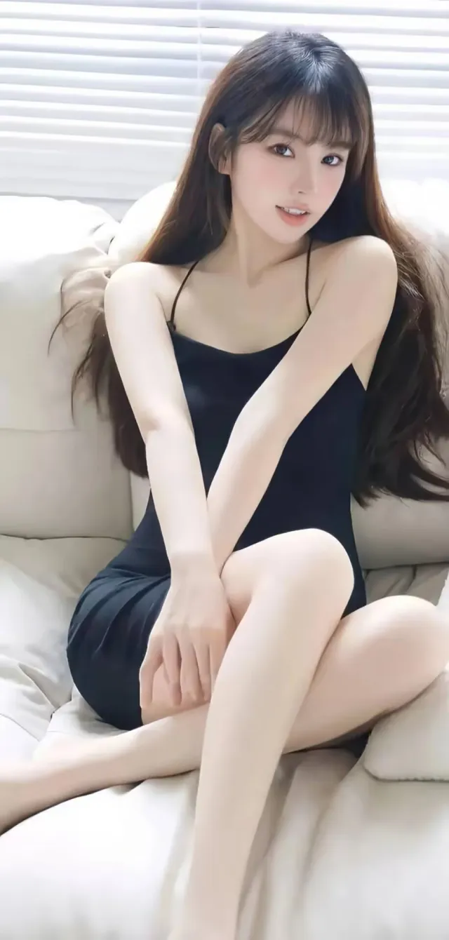 黑吊带裙长发美女沙发写真手机壁纸