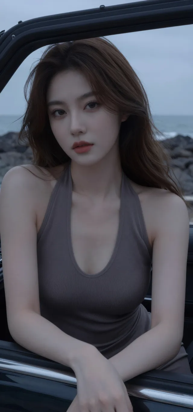 海边车窗灰调忧郁气质美女手机壁纸