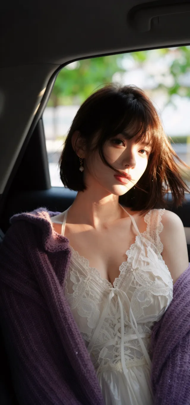 车窗暖阳白蕾丝短发美女手机壁纸