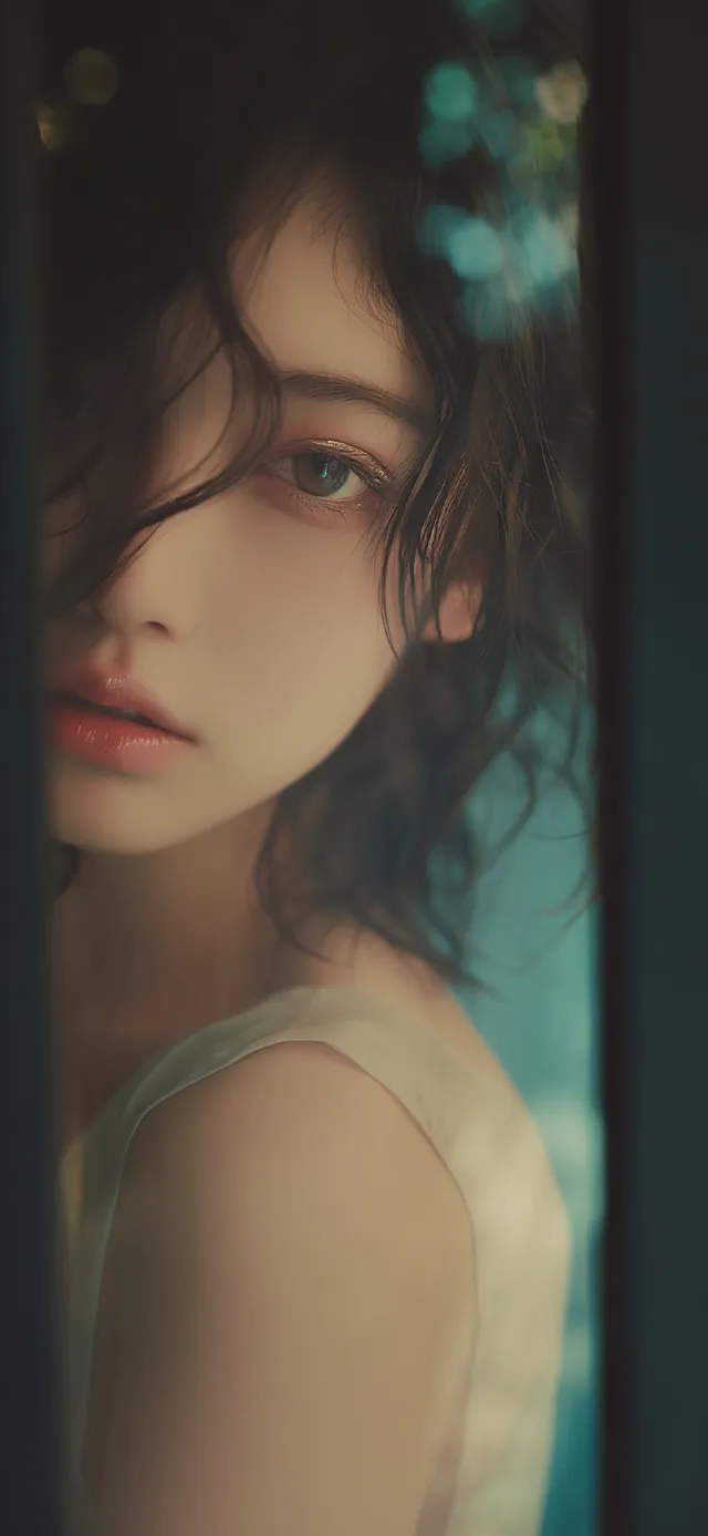 门框特写忧郁眼神氛围美女手机壁纸