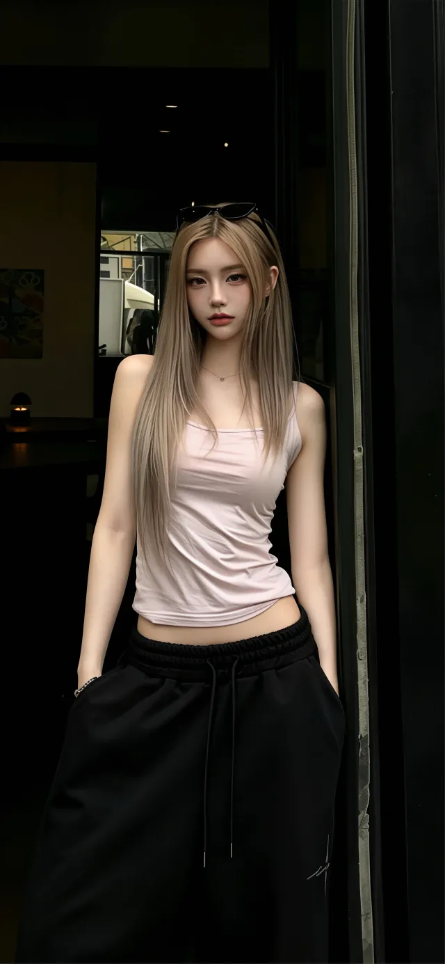 粉背心金发墨镜顶发美女手机壁纸