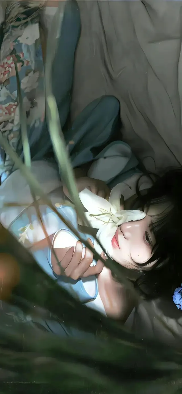 少女卧躺手持白百合花丛遮面清新文艺风手机壁纸