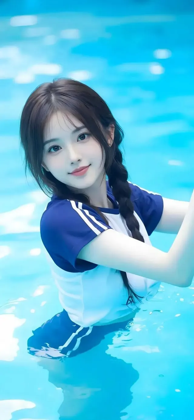 泳池里穿蓝白泳衣的少女壁纸