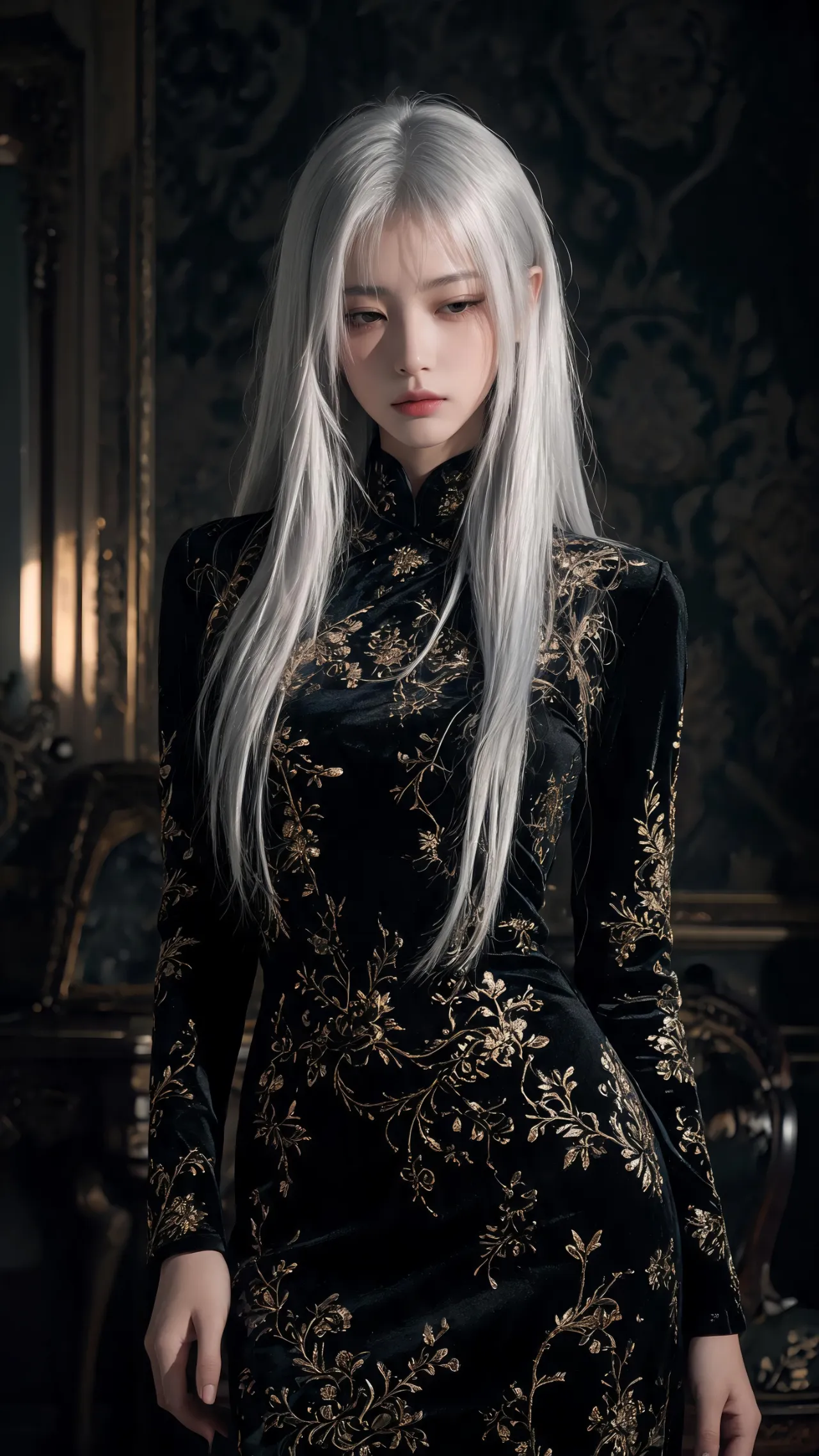 银发黑金刺绣旗袍风哥特美女手机壁纸