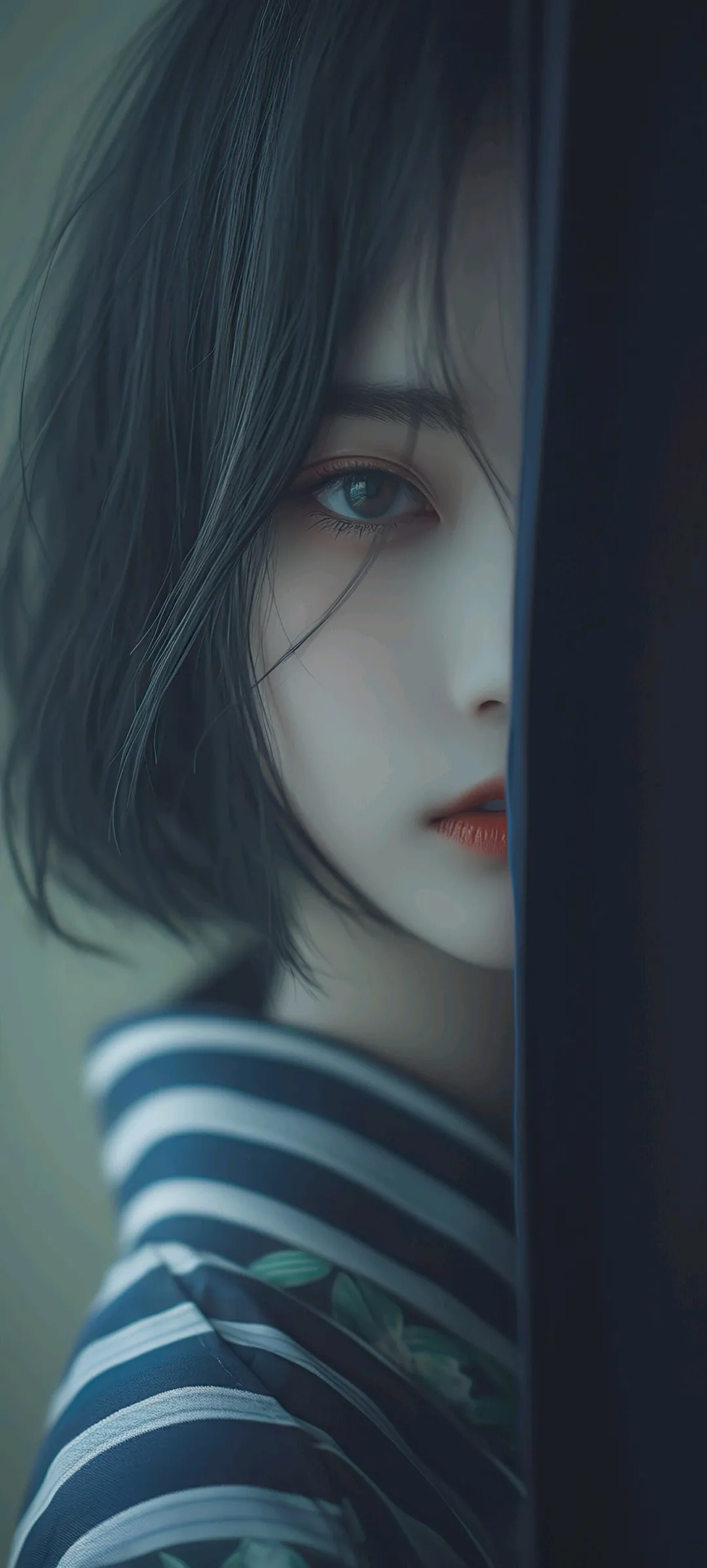 短发少女条纹和服侧身回眸神秘少女手机壁纸