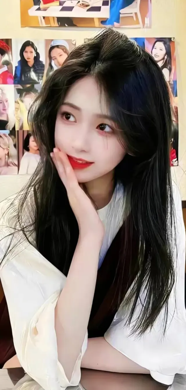 美女白色上衣托腮红唇微笑背景多张人物照温柔人物手机壁纸