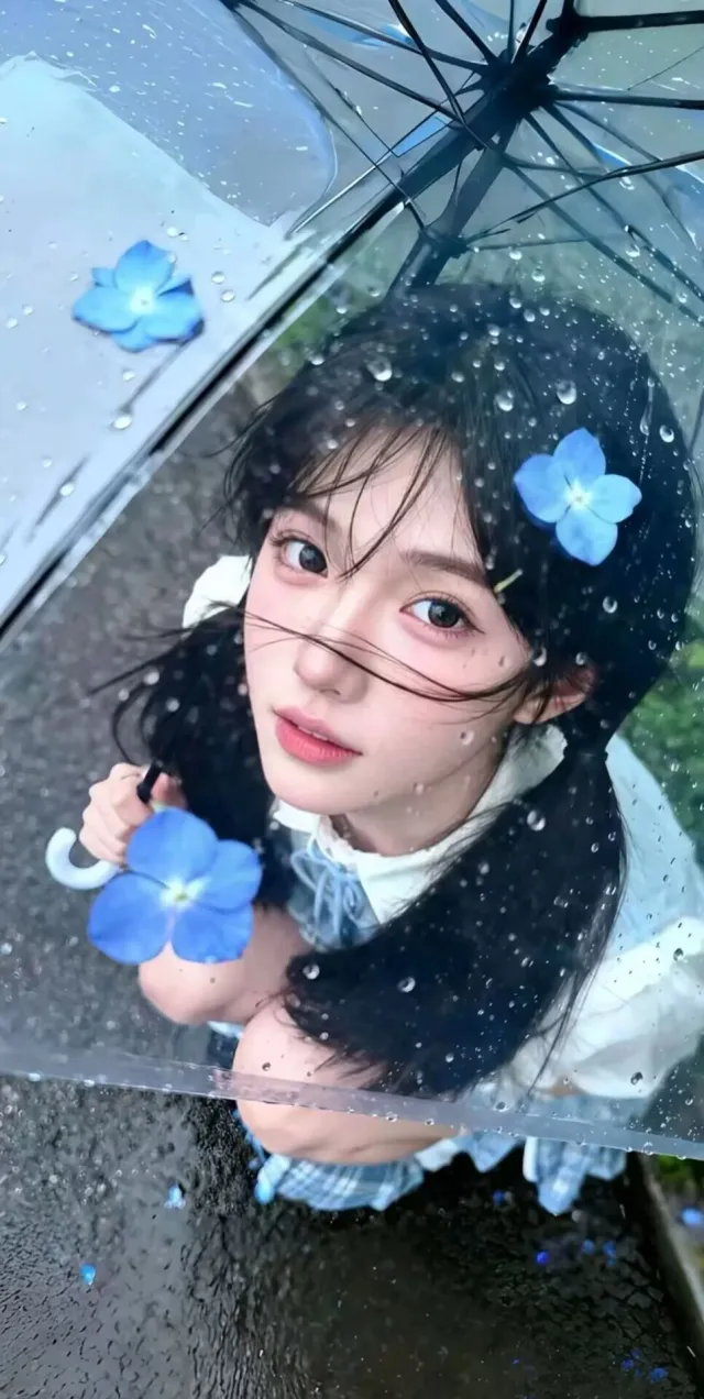 双马尾美女雨中持伞人物电脑壁纸