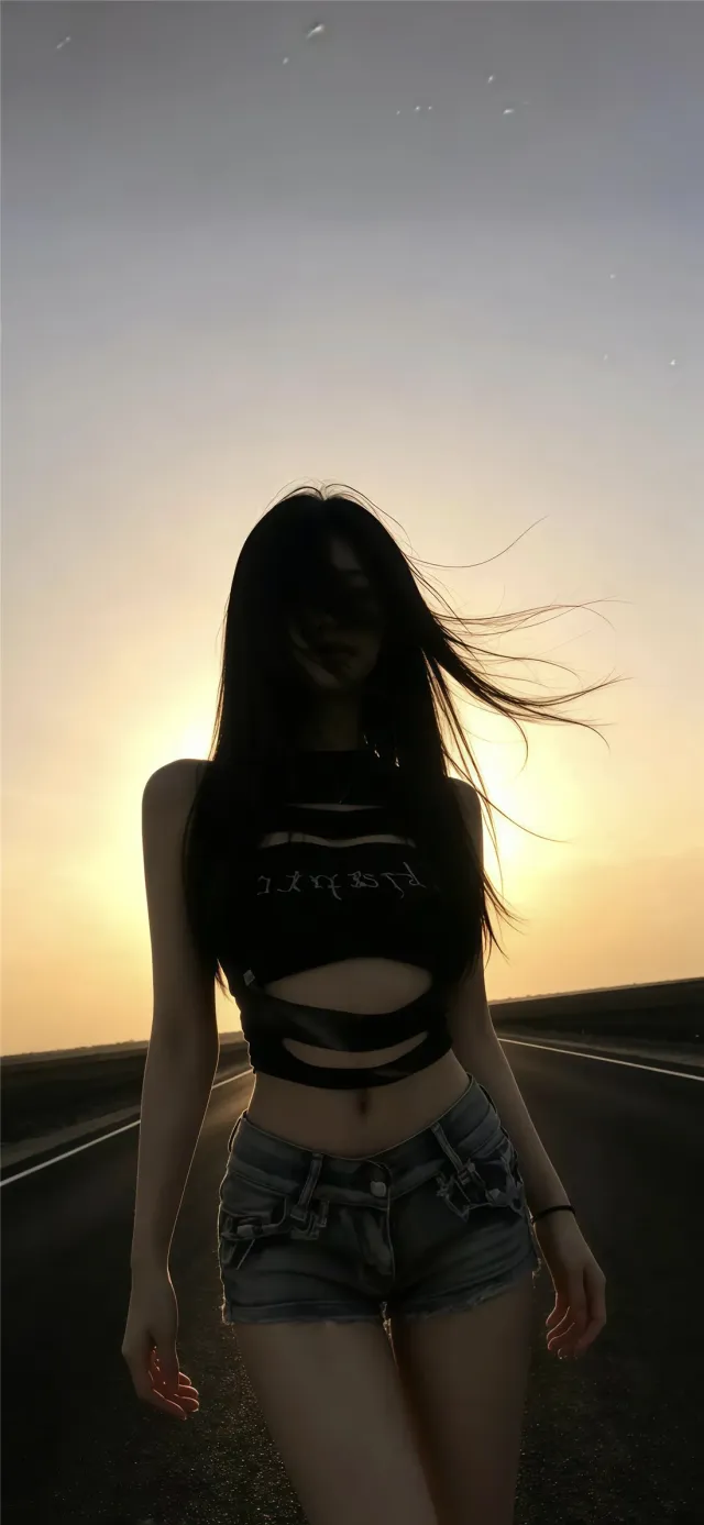 黑发美女镂空上衣牛仔短裤公路夕阳剪影人物手机壁纸