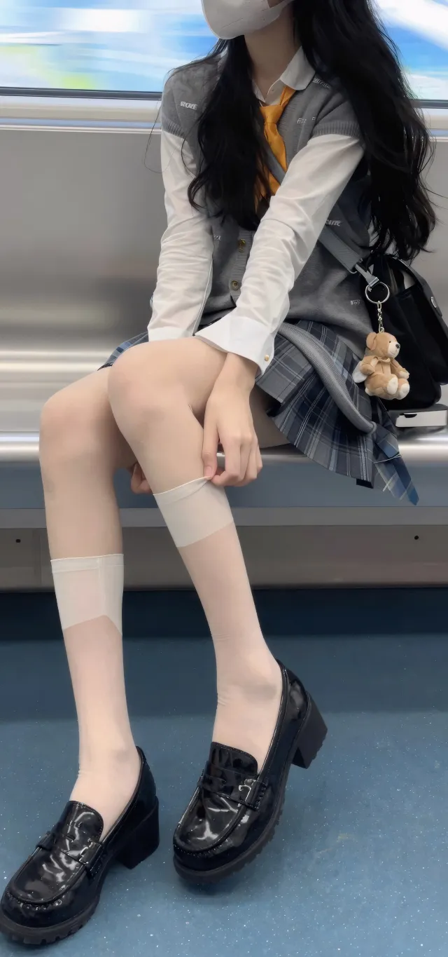 地铁JK制服美女整理白袜街拍手机壁纸