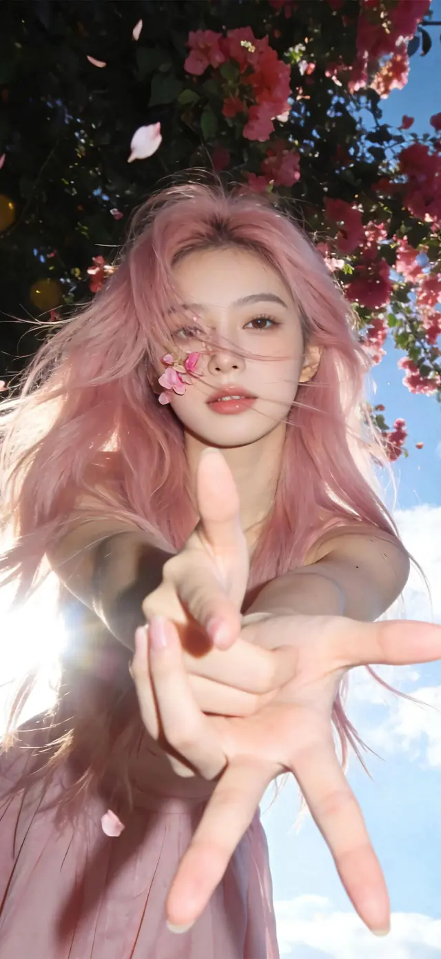 粉发蓝空三角梅伸手梦幻少女情感文艺手机壁纸