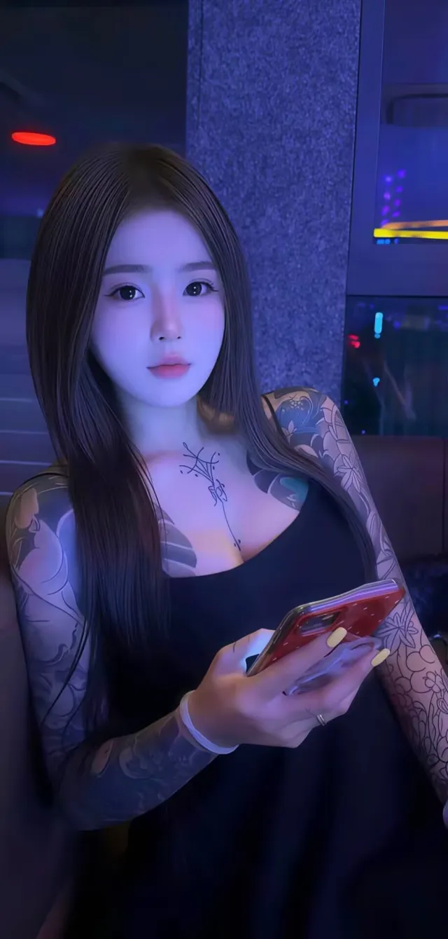 长直发美女黑色吊带满身纹身霓虹灯下看手机壁纸