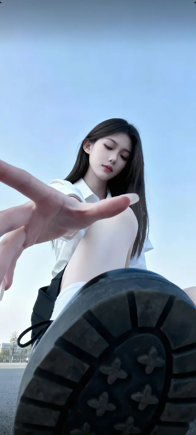 长发美女穿白衬衫黑裤伸手镜头前鞋底特写人物手机壁纸