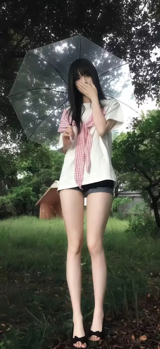 白T恤粉格领结黑短裤美女持透明伞遮脸美女手机壁纸