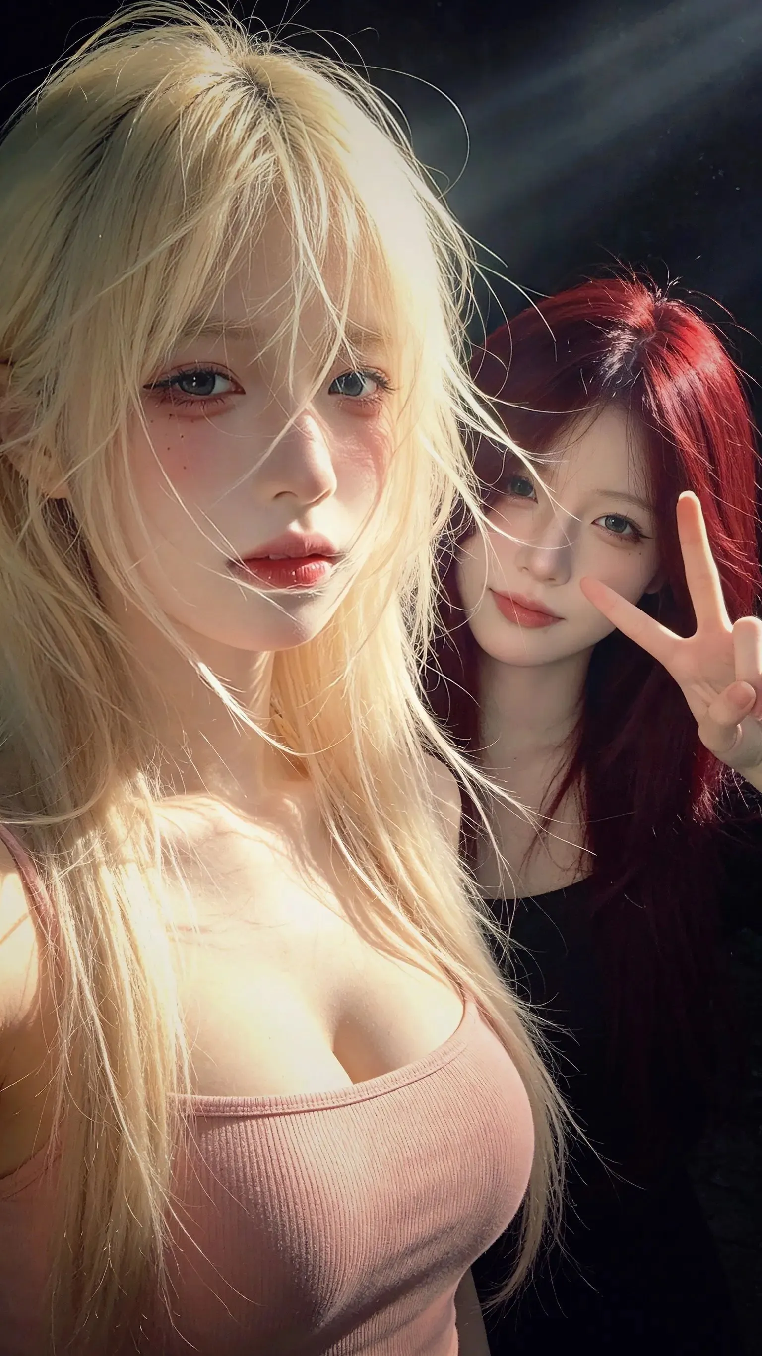 金发美女粉色吊带近景自拍柔美光线人物手机壁纸