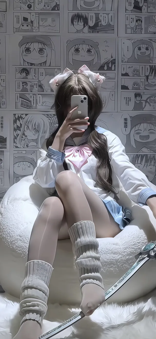 cosplay自拍手持武士刀漫画墙背景手机壁纸