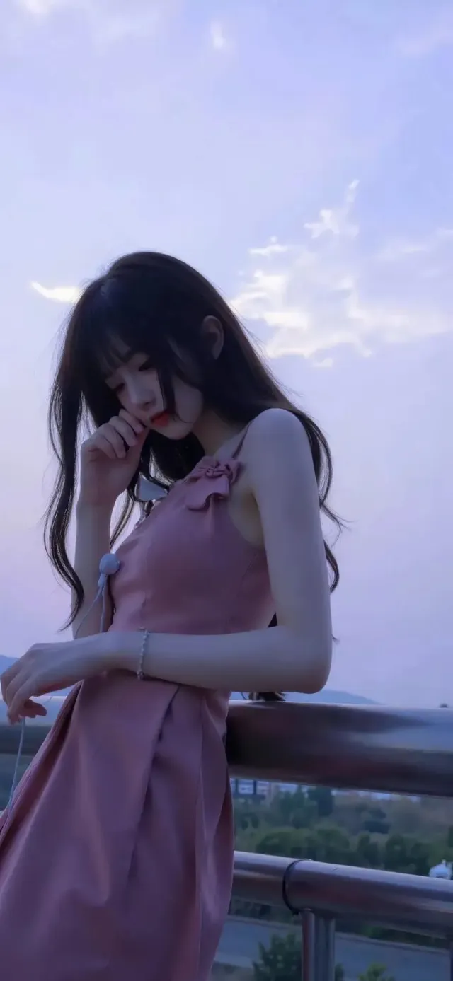 粉裙少女与黄昏文艺风手机壁纸