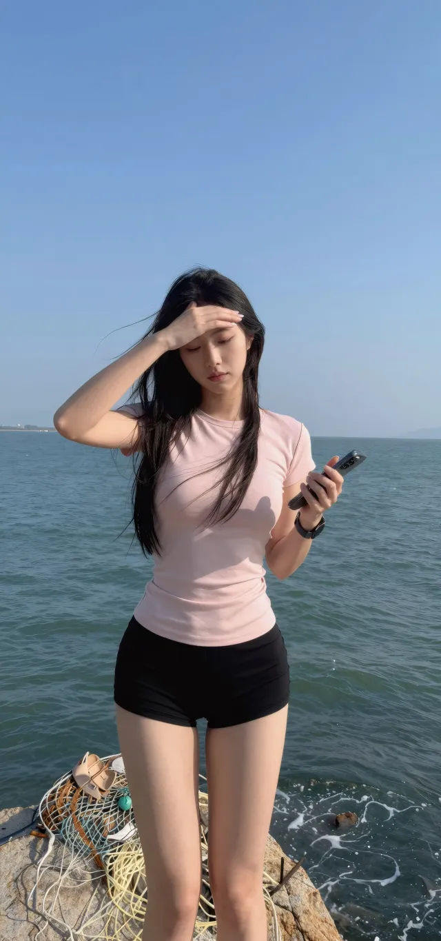 粉衣美女海边礁石遮阳看手机清新自然风人物手机壁纸