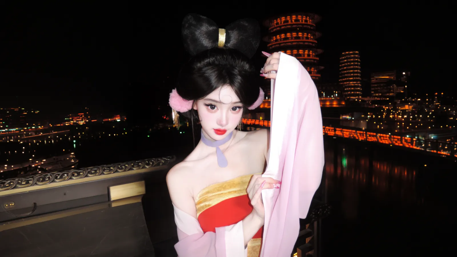 古风汉服美女夜景古塔灯光氛围摄影电脑壁纸