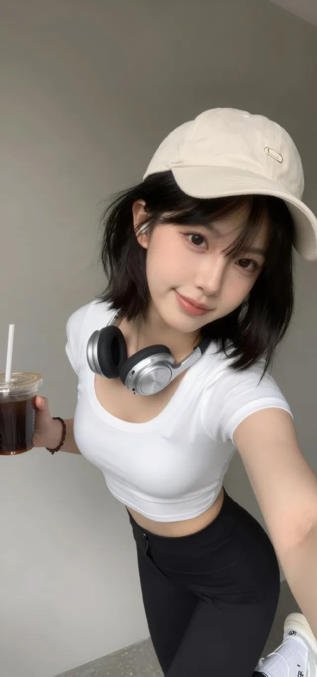 白T恤棒球帽耳机美女手持咖啡人物手机壁纸