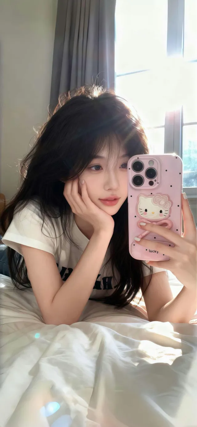 美女床上托腮自拍HelloKitty手机壳甜美人物手机壁纸