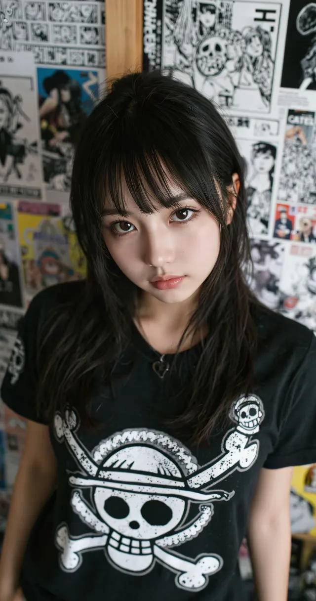美女黑色海贼王印花T恤直视镜头酷飒人物摄影手机壁纸