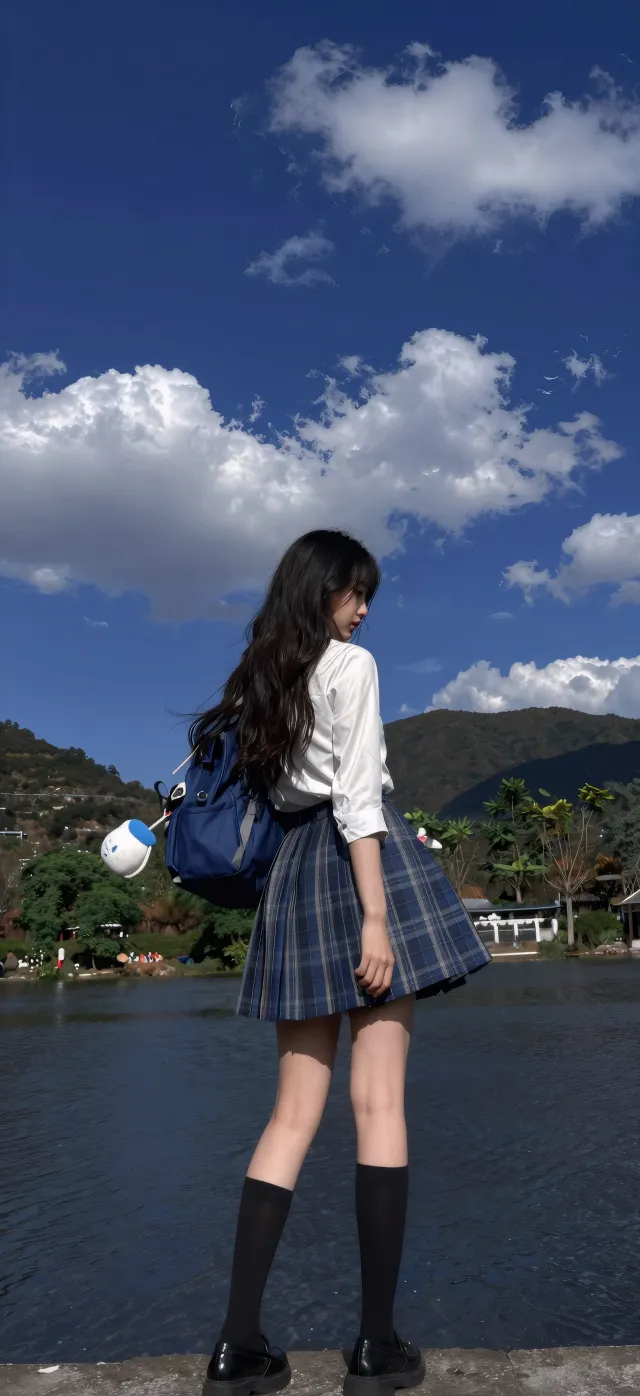 格子裙美女湖边背影人像手机壁纸